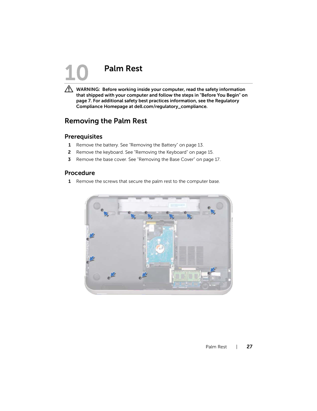 Dell Inspiron 15R manual Removing the Palm Rest 