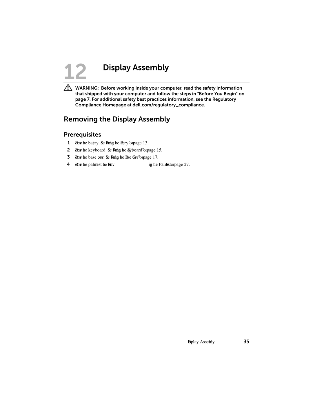 Dell Inspiron 15R manual Removing the Display Assembly 