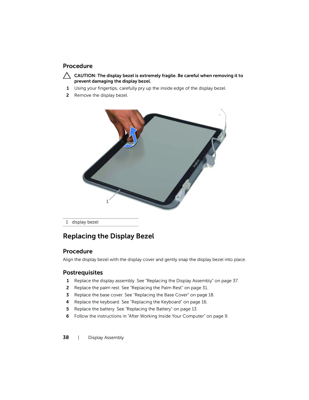 Dell Inspiron 15R manual Replacing the Display Bezel 