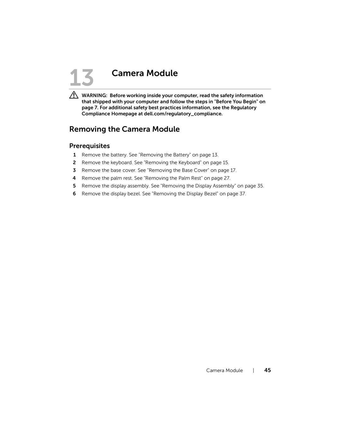 Dell Inspiron 15R manual Removing the Camera Module 