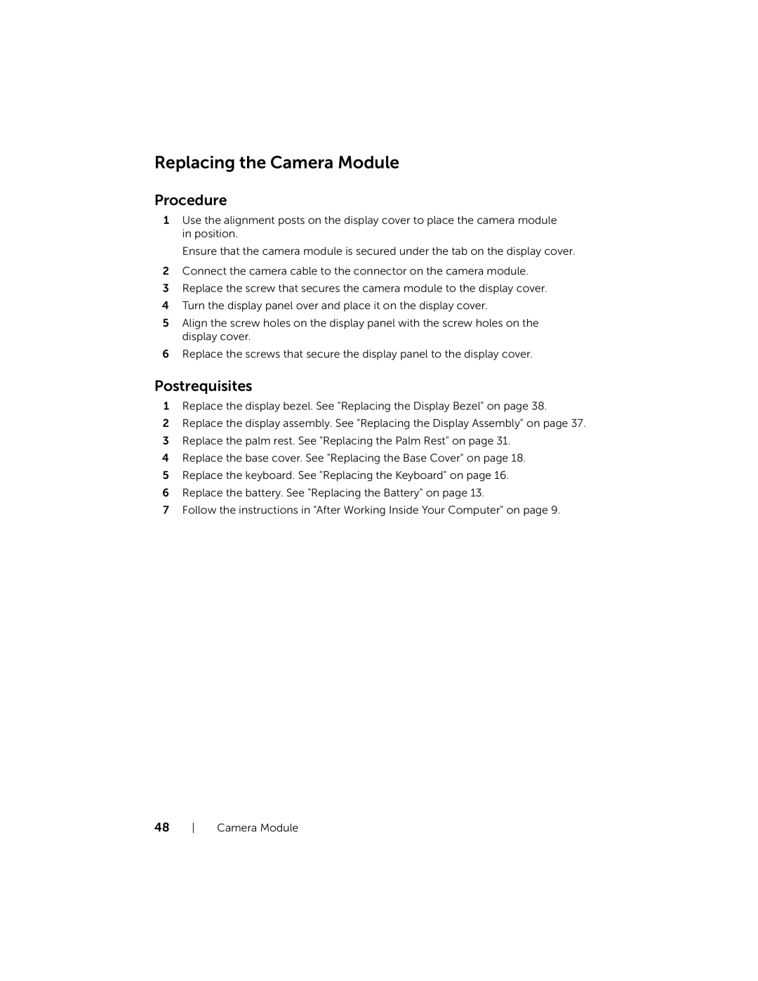 Dell Inspiron 15R manual Replacing the Camera Module 