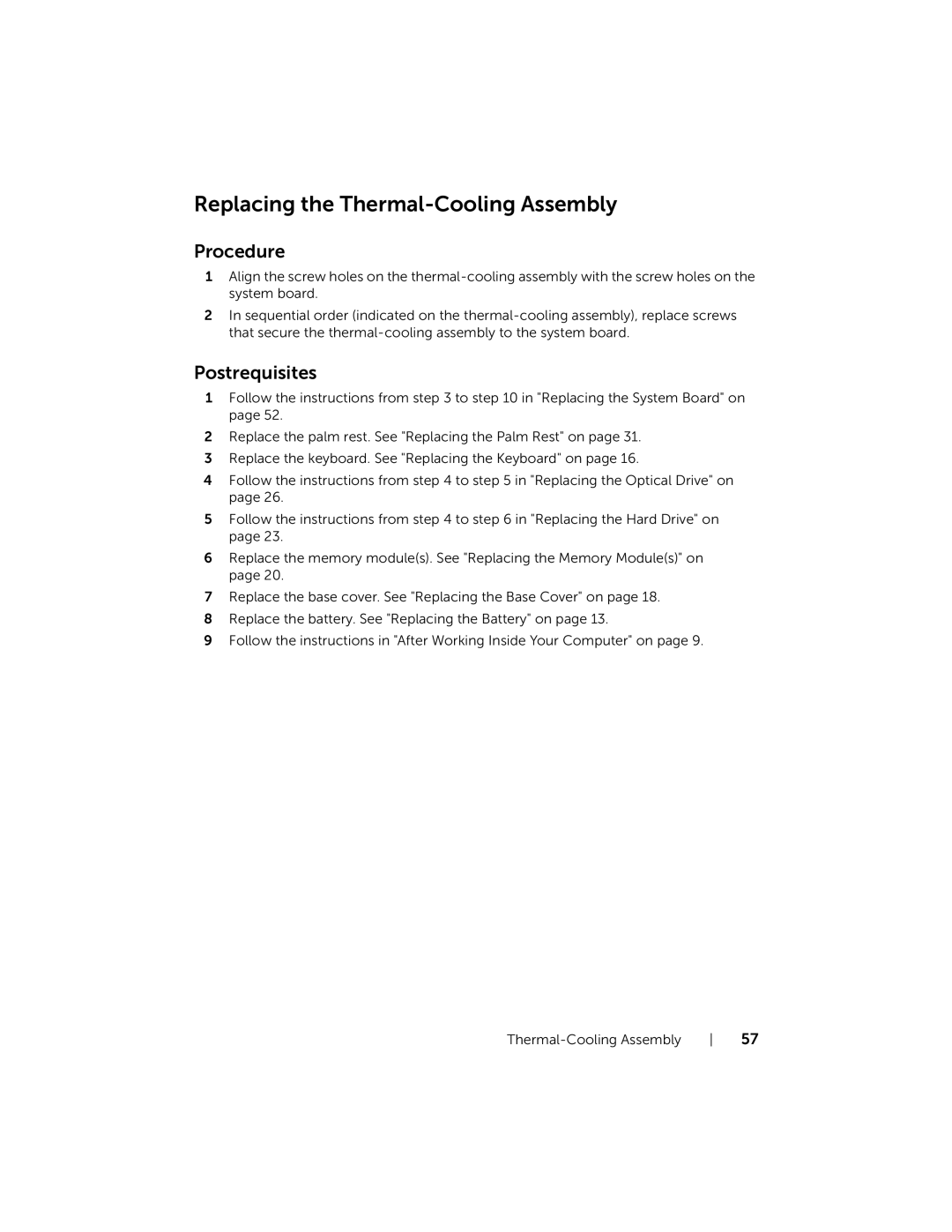 Dell Inspiron 15R manual Replacing the Thermal-Cooling Assembly 