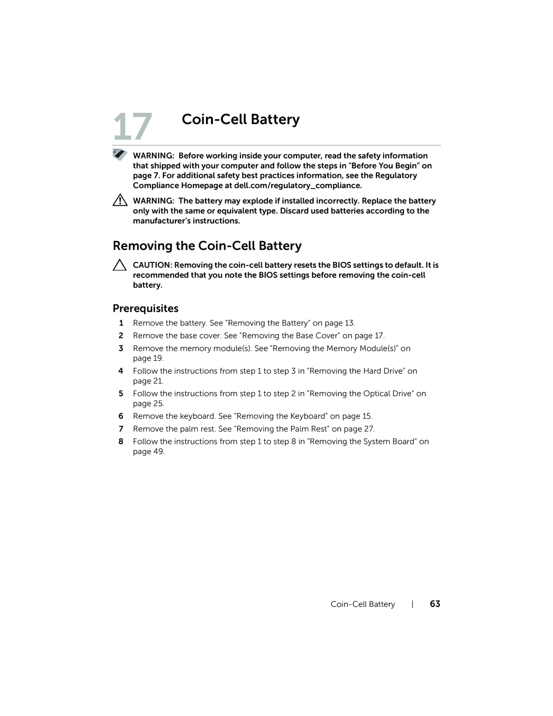 Dell Inspiron 15R manual Removing the Coin-Cell Battery 
