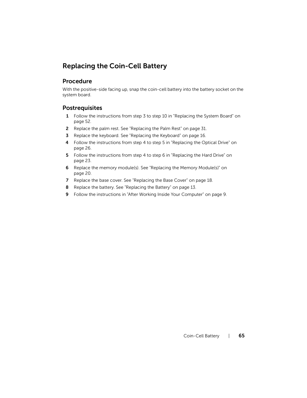 Dell Inspiron 15R manual Replacing the Coin-Cell Battery 