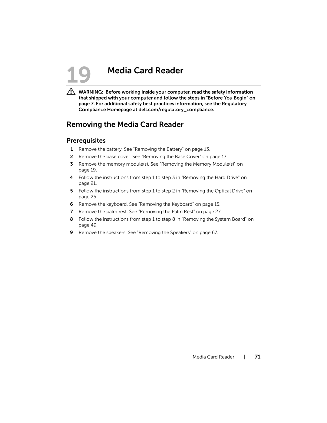 Dell Inspiron 15R manual Removing the Media Card Reader 