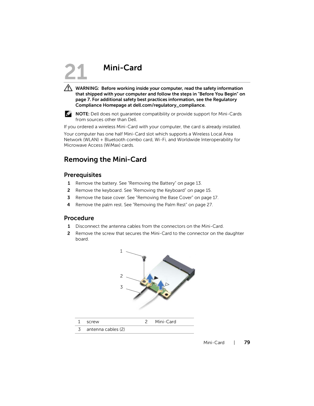 Dell Inspiron 15R manual Removing the Mini-Card 