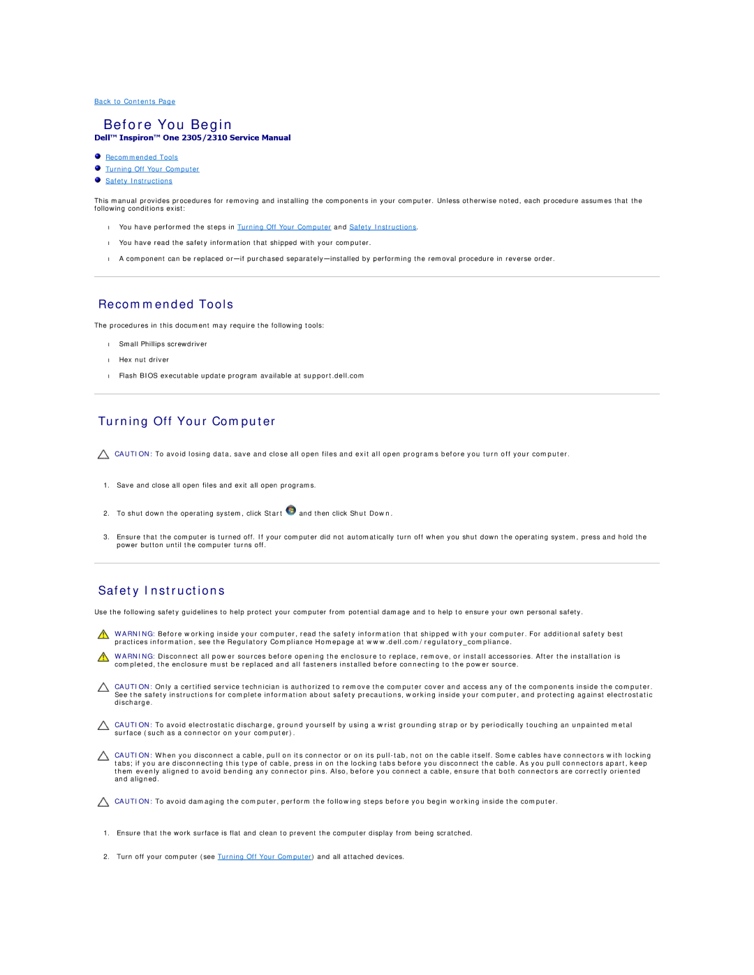 Dell IO2305-543MSL manual Before You Begin, Recommended Tools, Turning Off Your Computer, Safety Instructions 