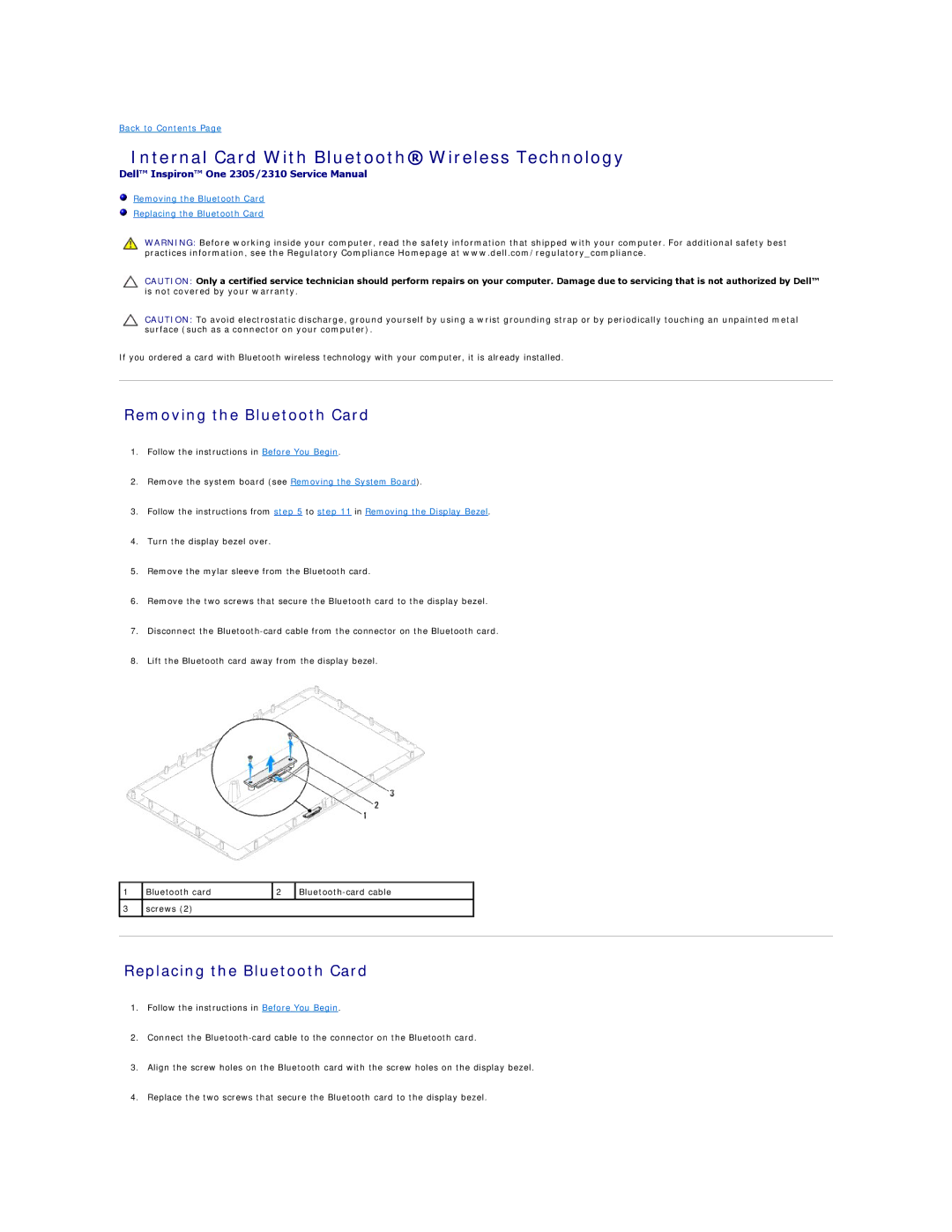 Dell IO2305-543MSL manual Internal Card With Bluetooth Wireless Technology, Removing the Bluetooth Card 