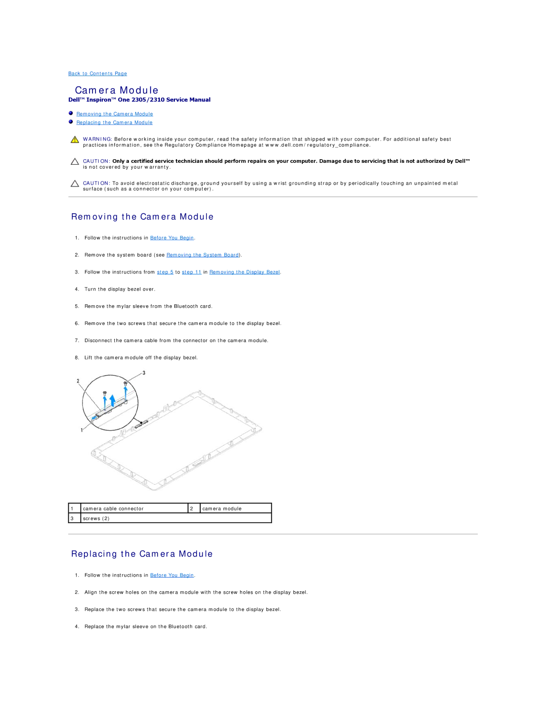 Dell IO2305-543MSL manual Removing the Camera Module, Replacing the Camera Module 