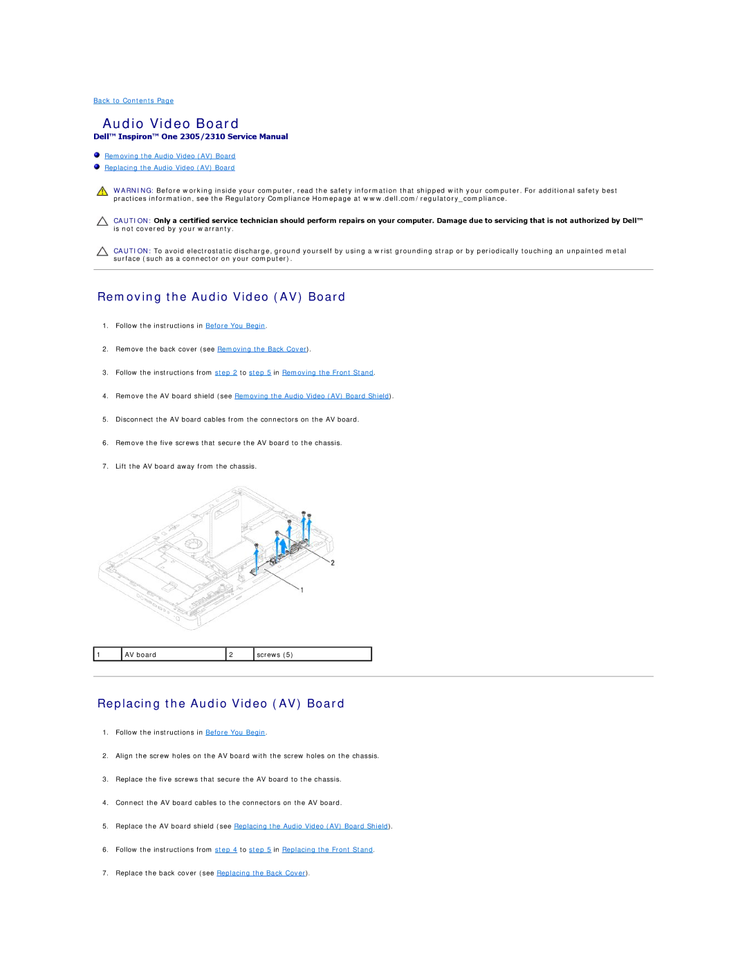 Dell IO2305-543MSL manual Audio Video Board, Removing the Audio Video AV Board, Replacing the Audio Video AV Board 