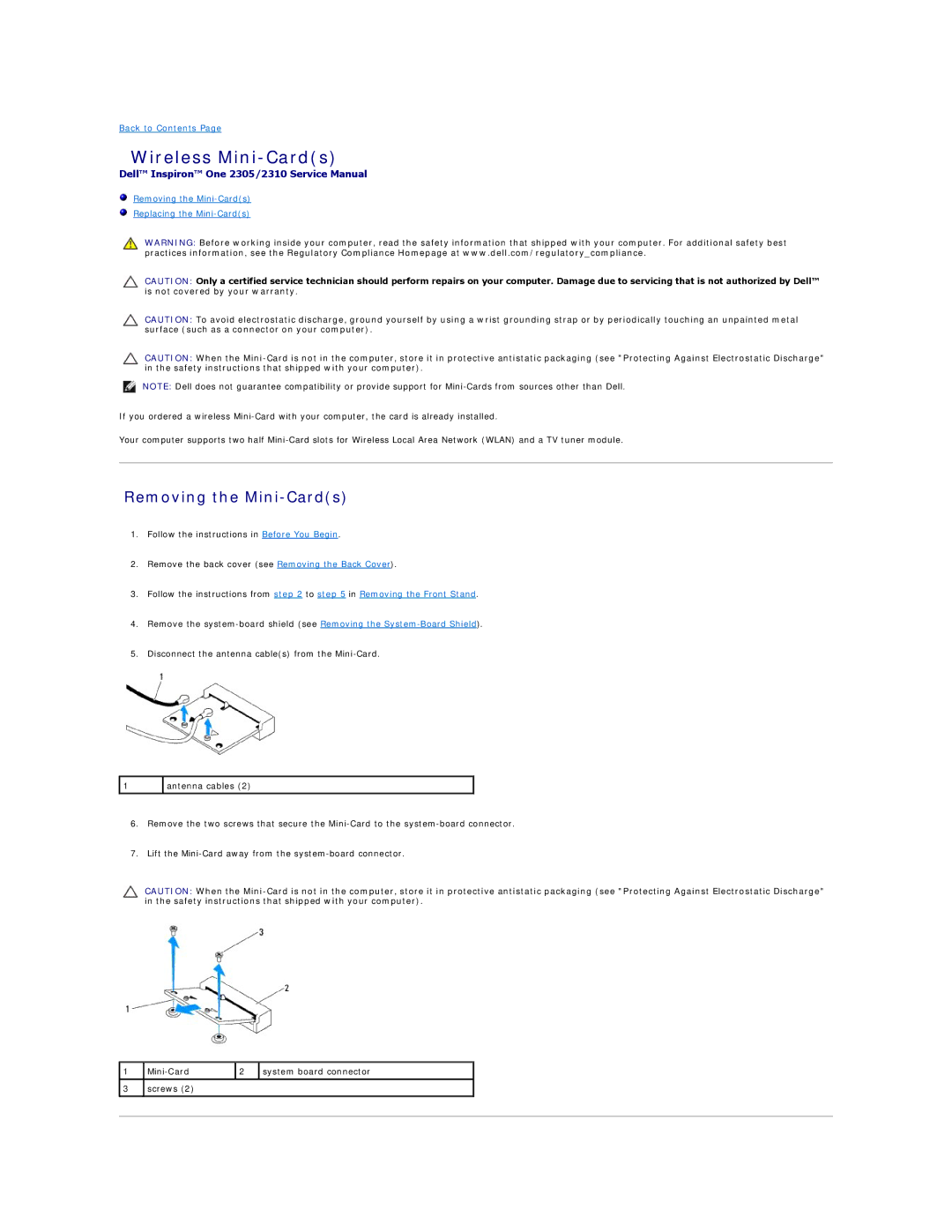 Dell IO2305-543MSL manual Wireless Mini-Cards, Removing the Mini-Cards 