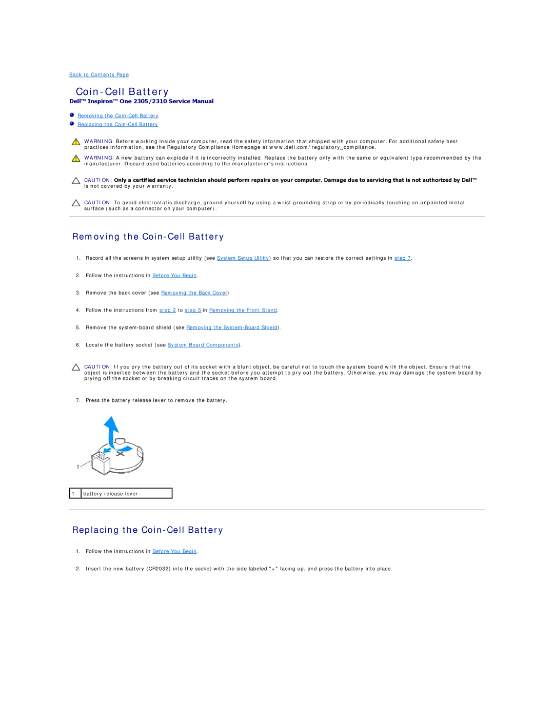 Dell IO2305-543MSL manual Removing the Coin-Cell Battery, Replacing the Coin-Cell Battery 