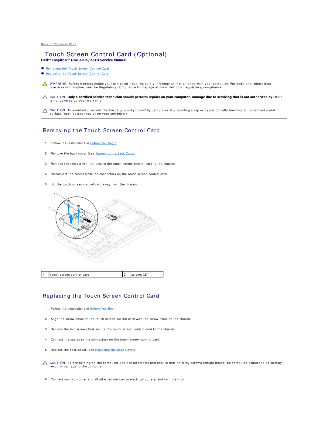 Dell IO2305-543MSL manual Touch Screen Control Card Optional, Removing the Touch Screen Control Card 
