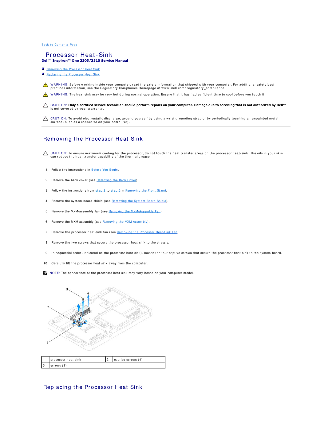 Dell IO2305-543MSL manual Processor Heat-Sink, Removing the Processor Heat Sink, Replacing the Processor Heat Sink 