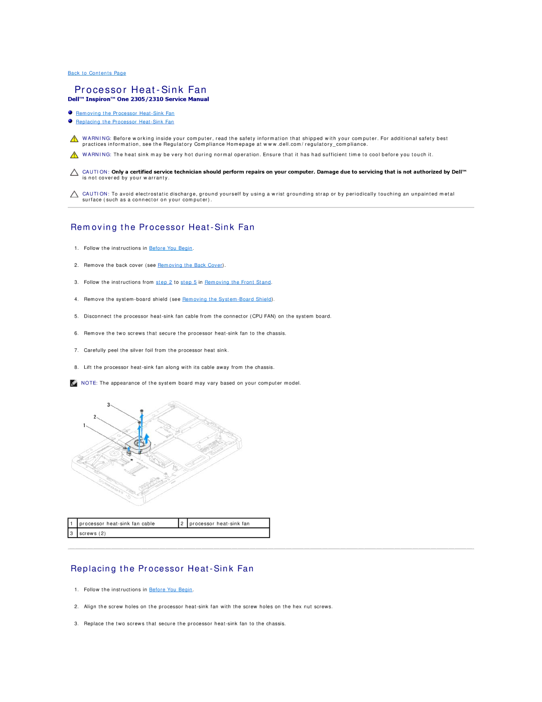 Dell IO2305-543MSL manual Removing the Processor Heat-Sink Fan, Replacing the Processor Heat-Sink Fan 