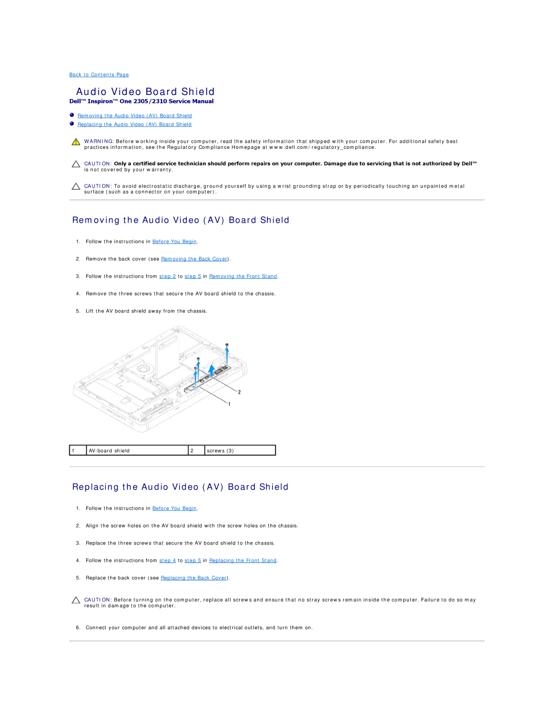 Dell IO2305-543MSL manual Audio Video Board Shield, Removing the Audio Video AV Board Shield 