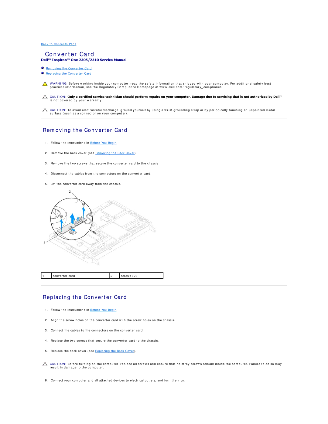 Dell IO2305-543MSL manual Removing the Converter Card, Replacing the Converter Card 