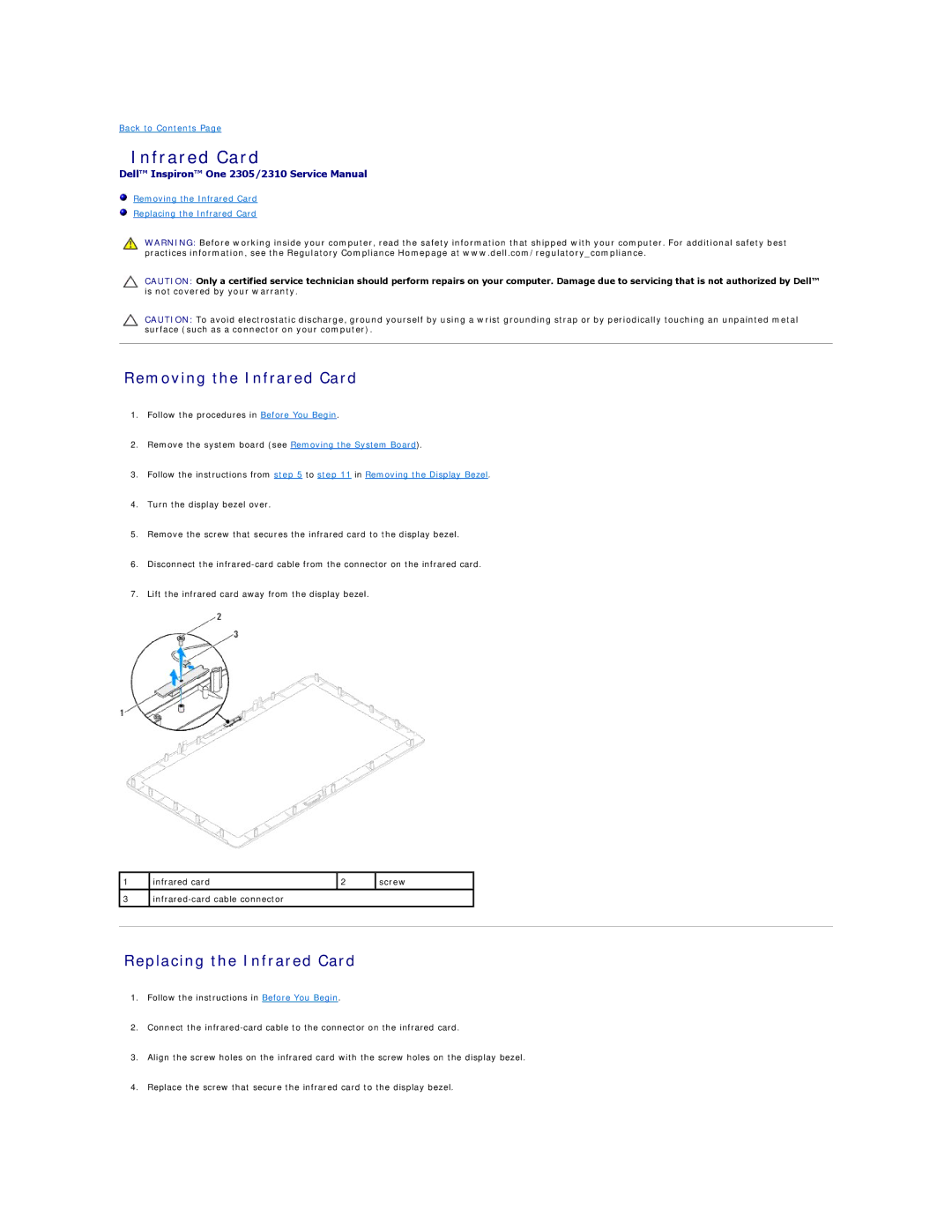 Dell IO2305-543MSL manual Removing the Infrared Card, Replacing the Infrared Card 