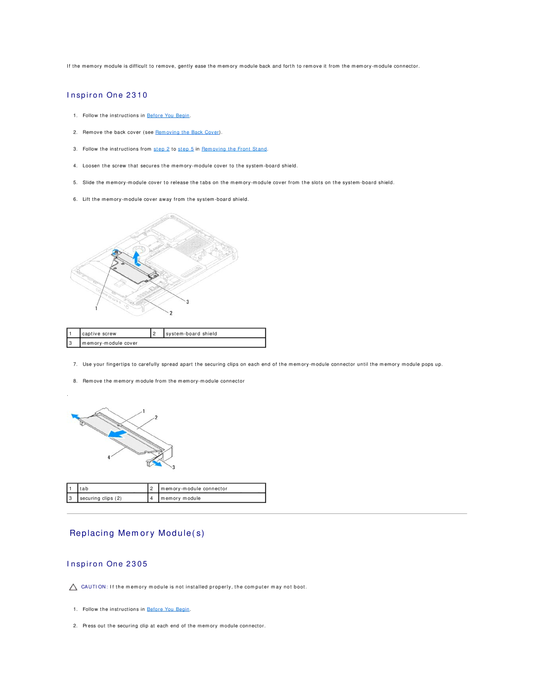 Dell IO2305-543MSL manual Replacing Memory Modules 