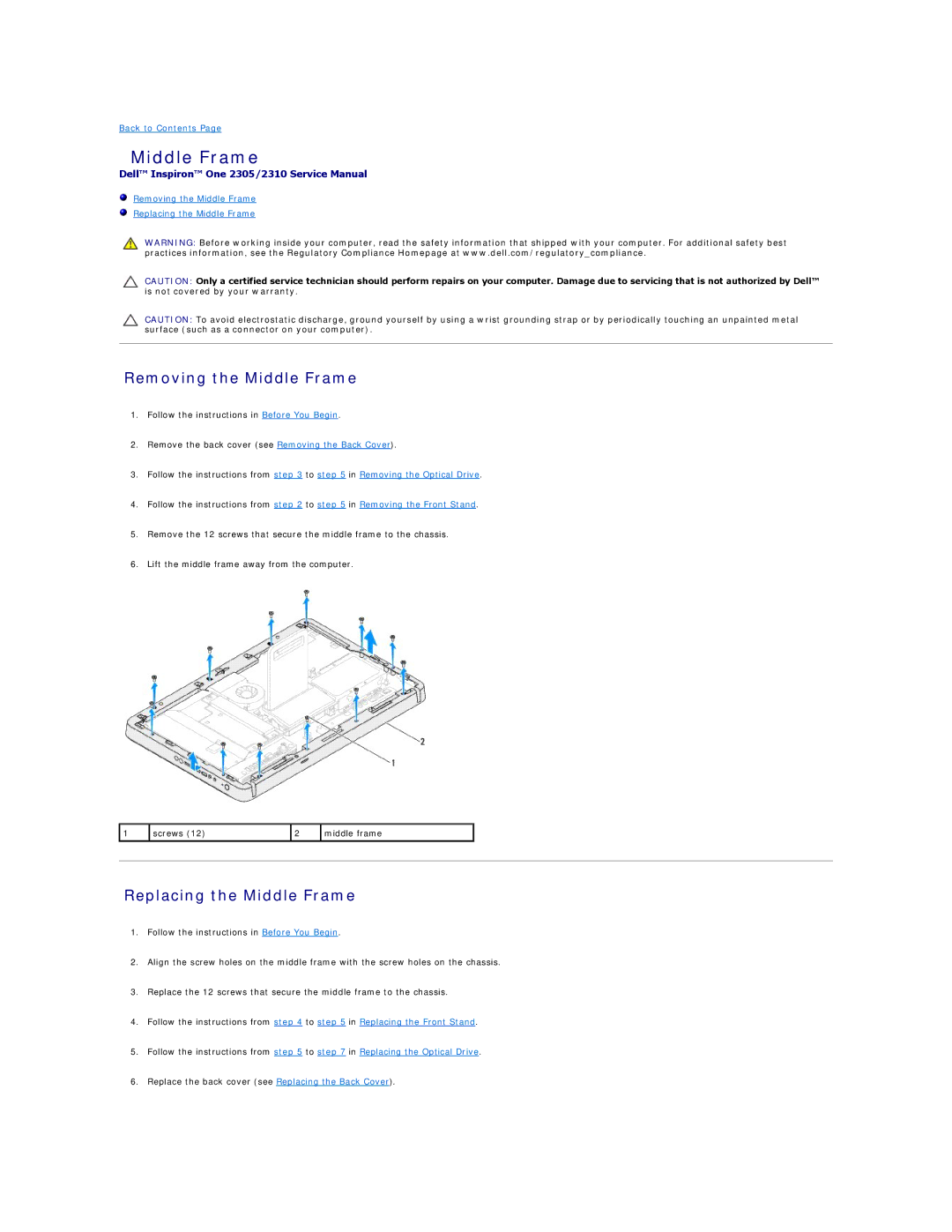 Dell IO2305-543MSL manual Removing the Middle Frame, Replacing the Middle Frame 