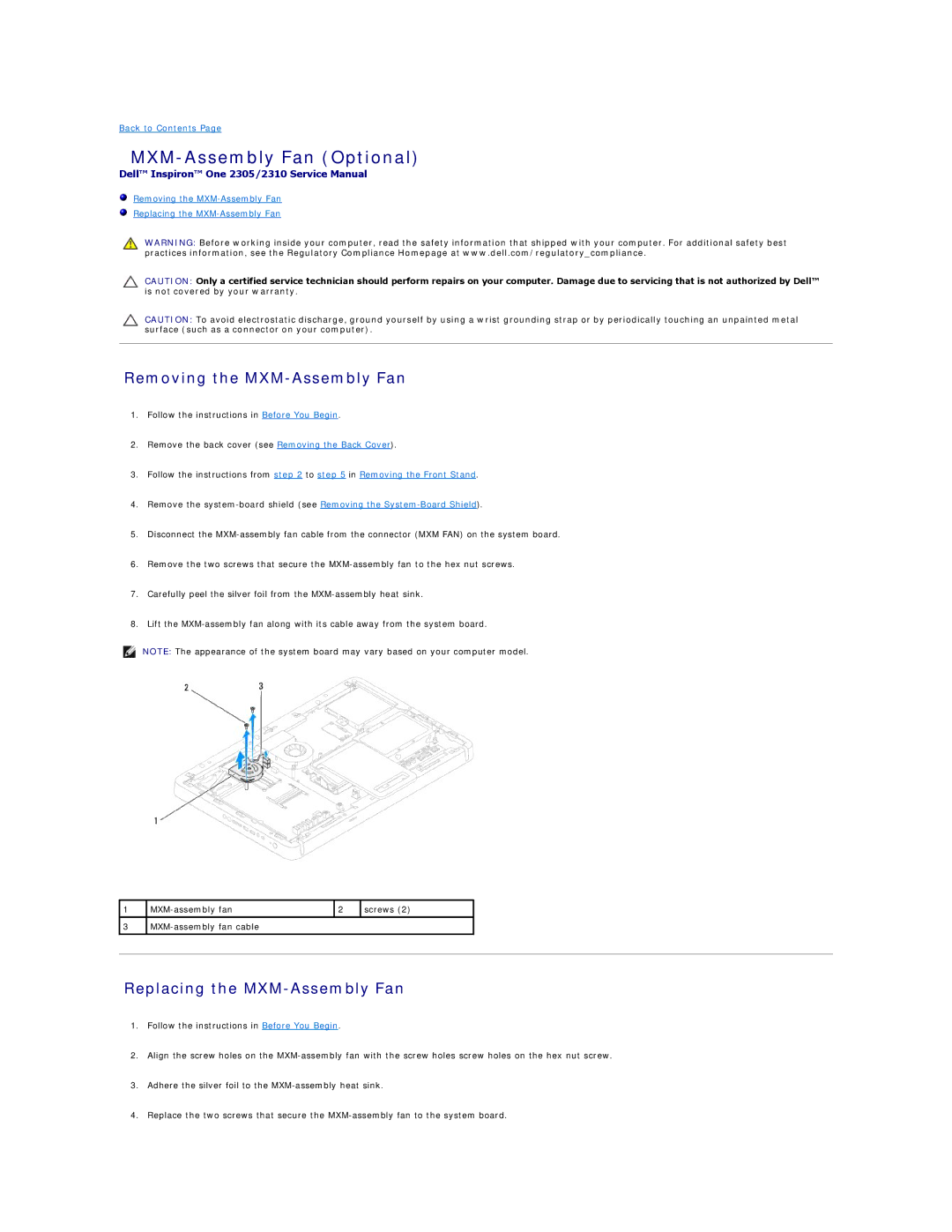 Dell IO2305-543MSL manual MXM-Assembly Fan Optional, Removing the MXM-Assembly Fan, Replacing the MXM-Assembly Fan 