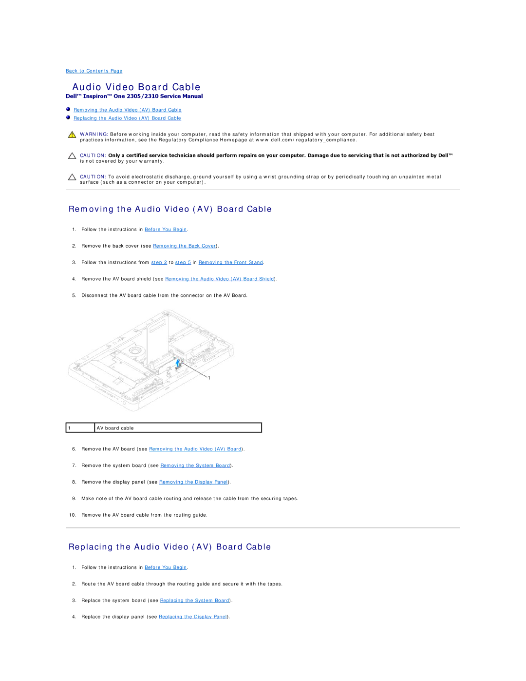 Dell IO2305-543MSL manual Audio Video Board Cable, Removing the Audio Video AV Board Cable 