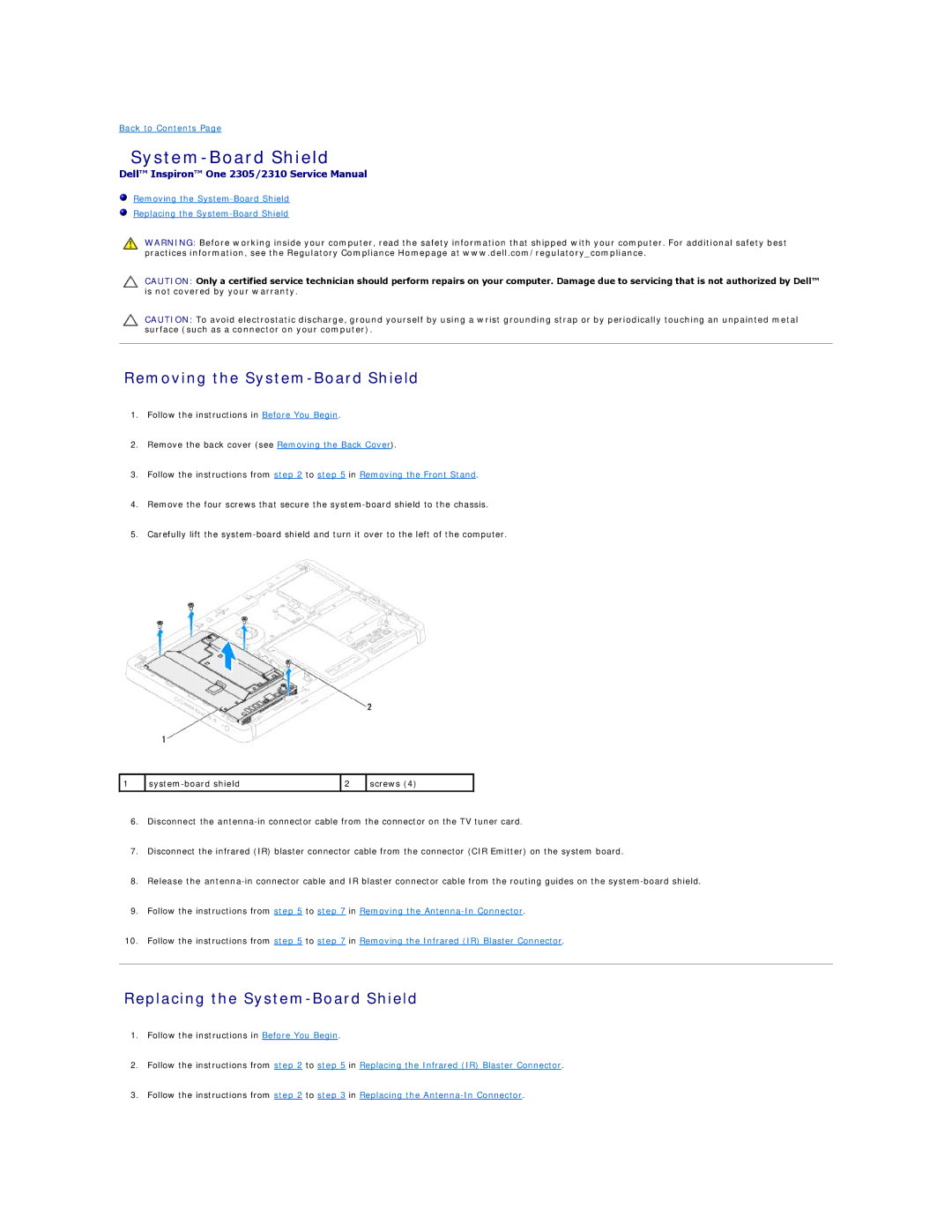 Dell IO2305-543MSL manual Removing the System-Board Shield, Replacing the System-Board Shield 