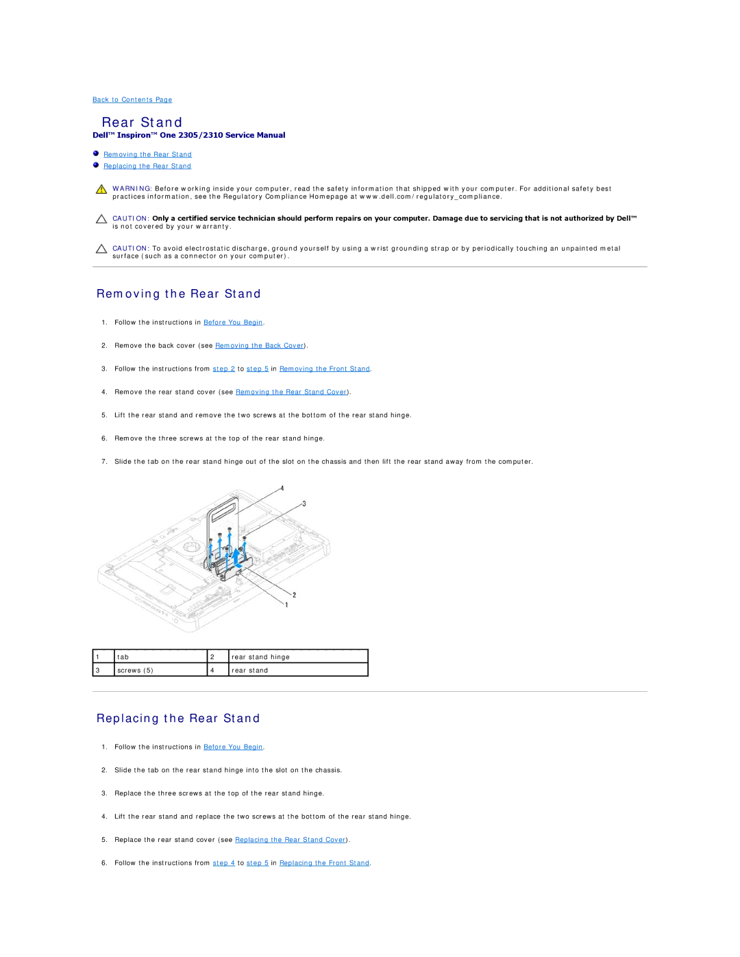 Dell IO2305-543MSL manual Removing the Rear Stand, Replacing the Rear Stand 