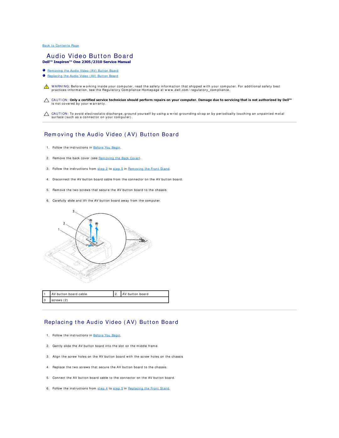 Dell IO2305-543MSL manual Audio Video Button Board, Removing the Audio Video AV Button Board 