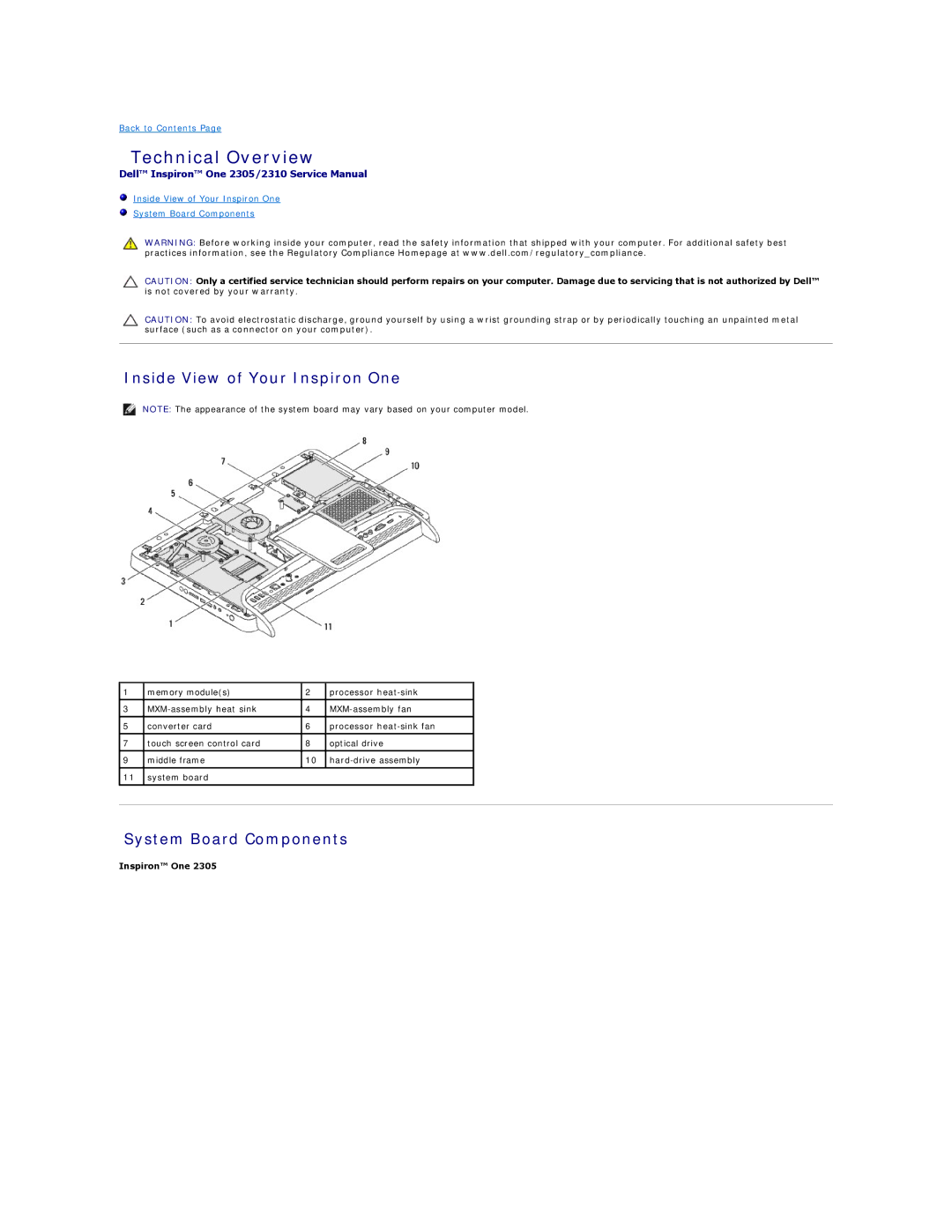 Dell IO2305-543MSL manual Technical Overview, Inside View of Your Inspiron One, System Board Components 