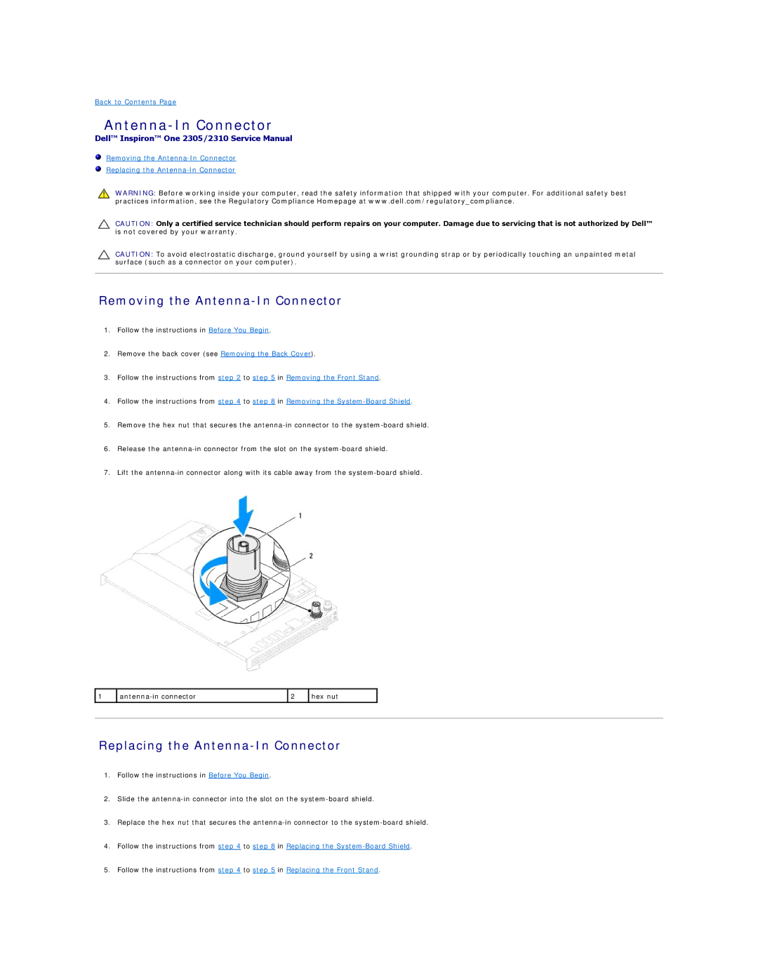 Dell IO2305-543MSL manual Removing the Antenna-In Connector, Replacing the Antenna-In Connector 