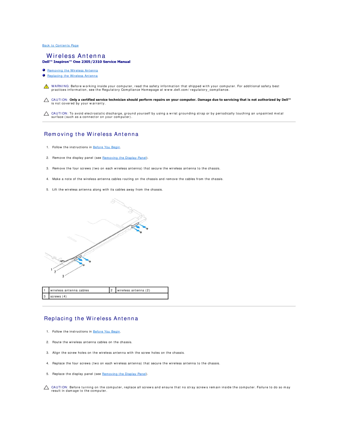 Dell IO2305-543MSL manual Removing the Wireless Antenna, Replacing the Wireless Antenna 