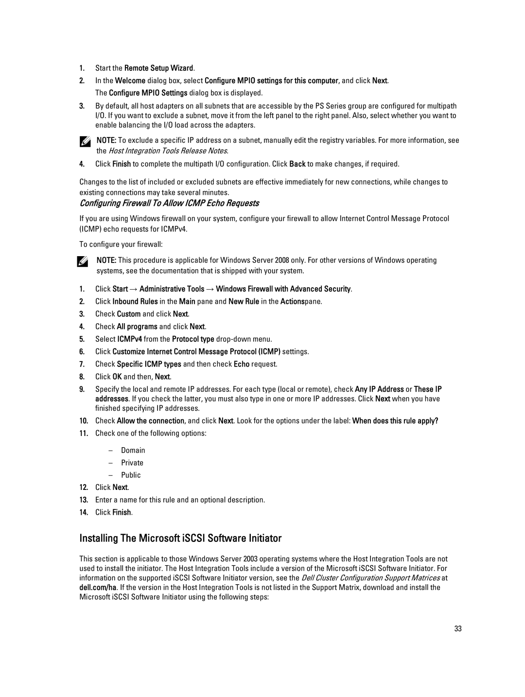 Dell ISCSI manual Installing The Microsoft iSCSI Software Initiator, Configuring Firewall To Allow Icmp Echo Requests 