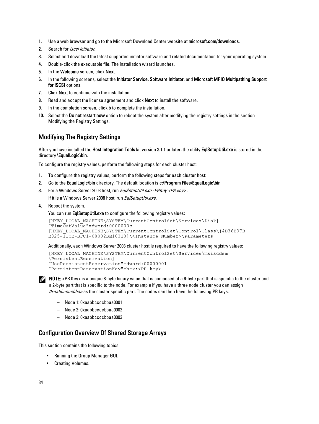 Dell ISCSI manual Modifying The Registry Settings, Configuration Overview Of Shared Storage Arrays 