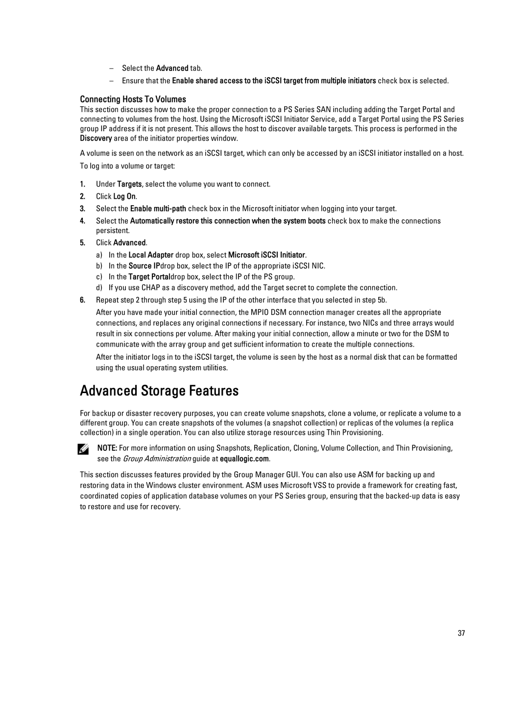 Dell ISCSI manual Advanced Storage Features, Connecting Hosts To Volumes 