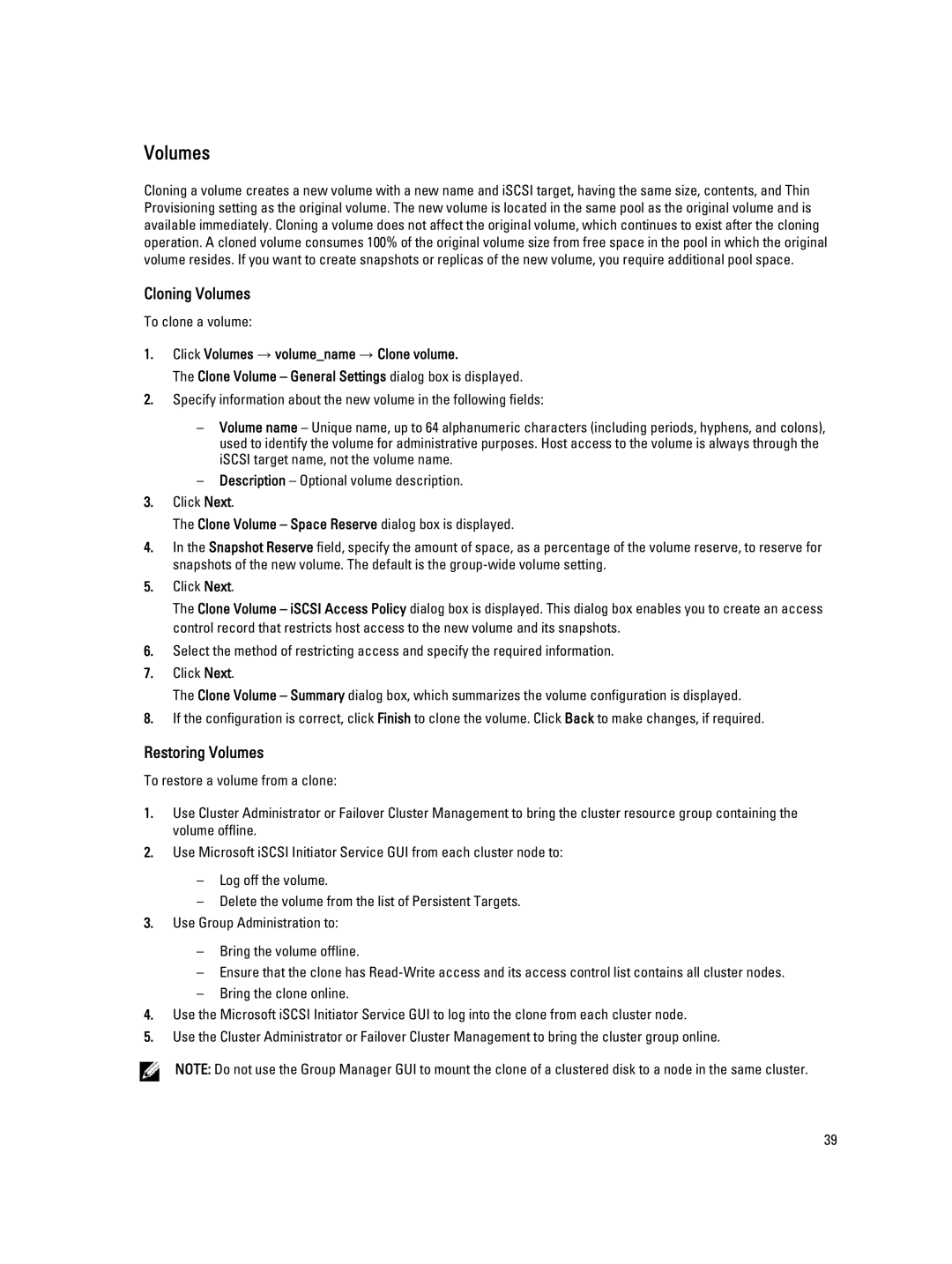 Dell ISCSI manual Cloning Volumes, Restoring Volumes, Clone Volume Space Reserve dialog box is displayed 