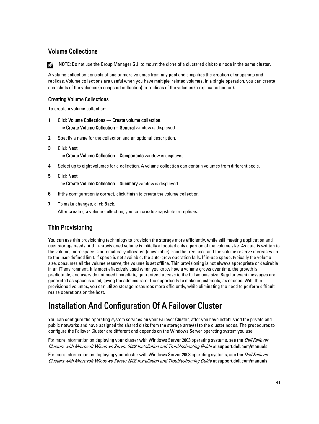 Dell ISCSI manual Installation And Configuration Of a Failover Cluster, Volume Collections, Thin Provisioning 