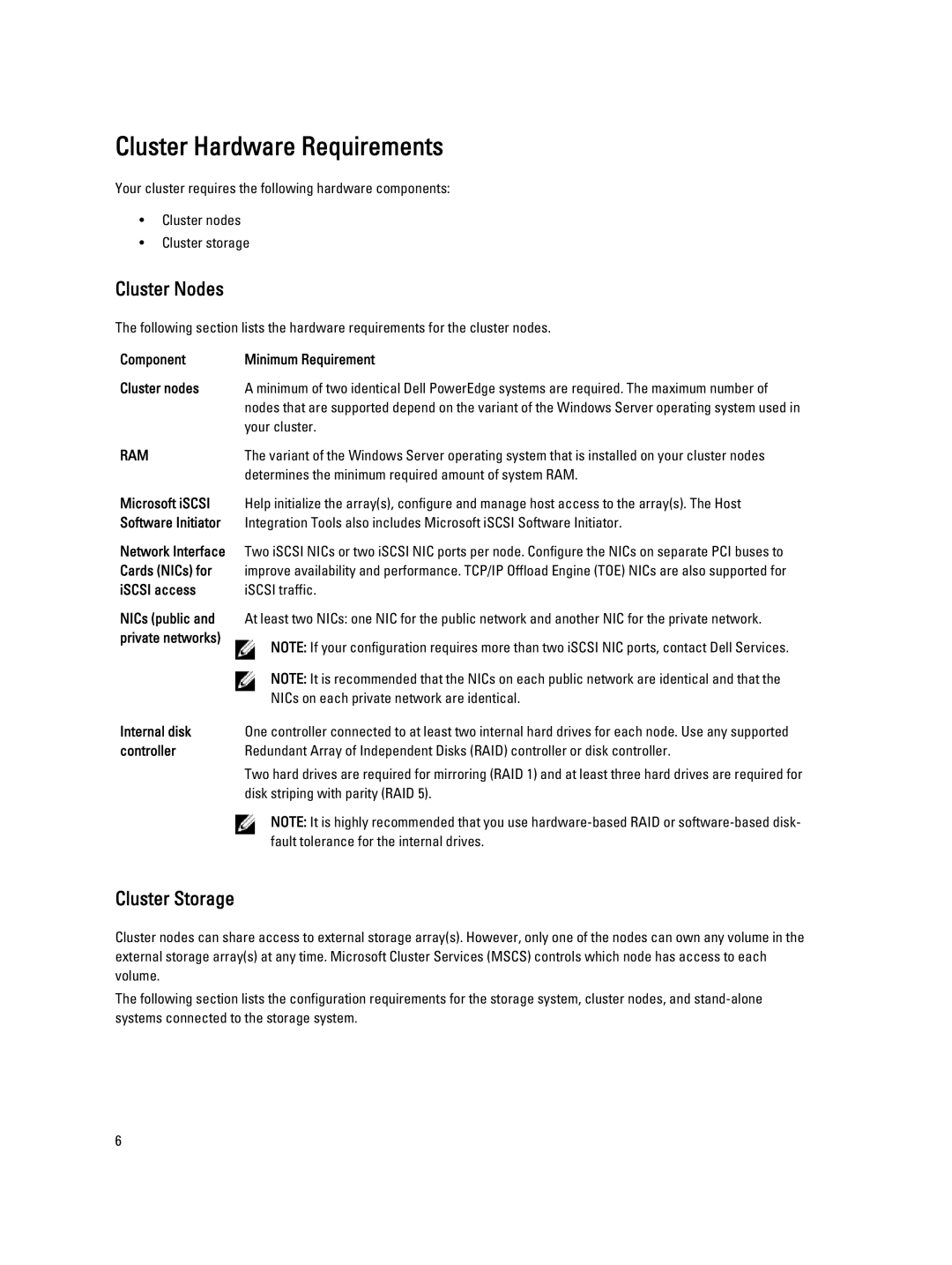 Dell ISCSI manual Cluster Hardware Requirements, Cluster Nodes, Cluster Storage 