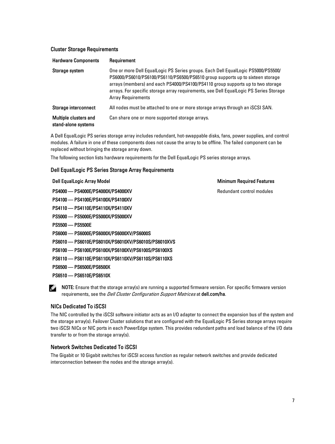 Dell ISCSI Cluster Storage Requirements, Dell EqualLogic PS Series Storage Array Requirements, NICs Dedicated To iSCSI 