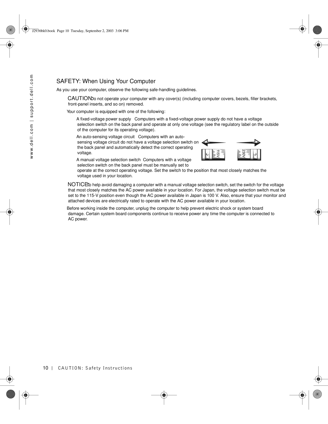 Dell J2936 manual Safety When Using Your Computer 