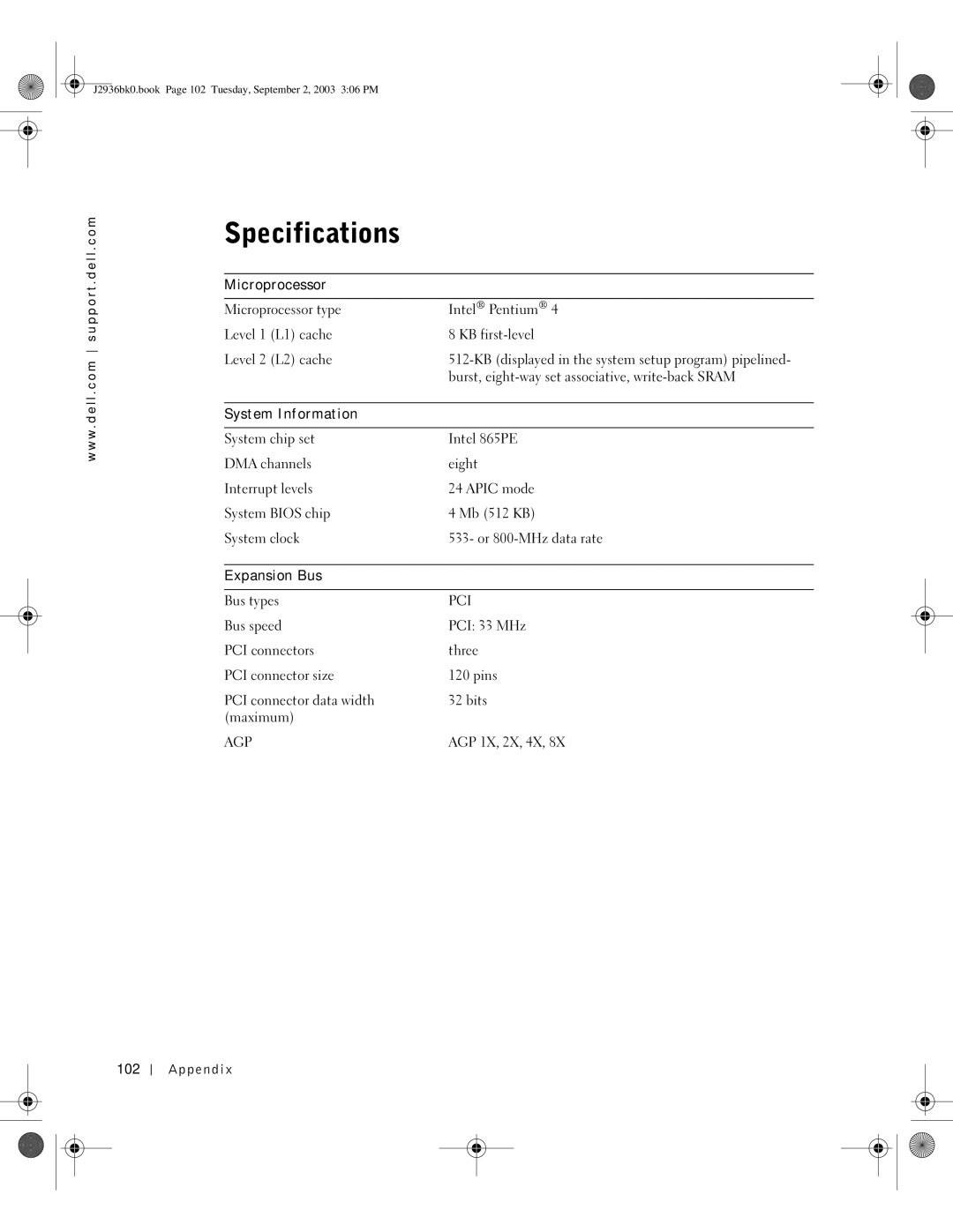 Dell J2936 manual Specifications, Microprocessor, System Information, Expansion Bus, Appendix 