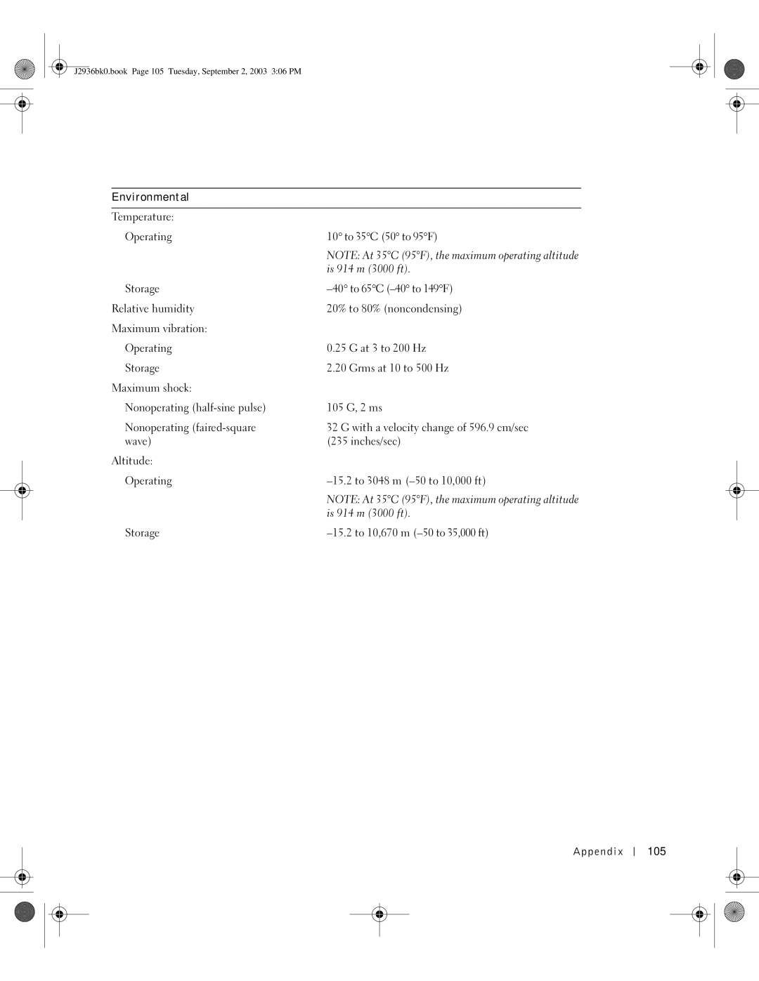 Dell J2936 manual Environmental, Appendix 105 