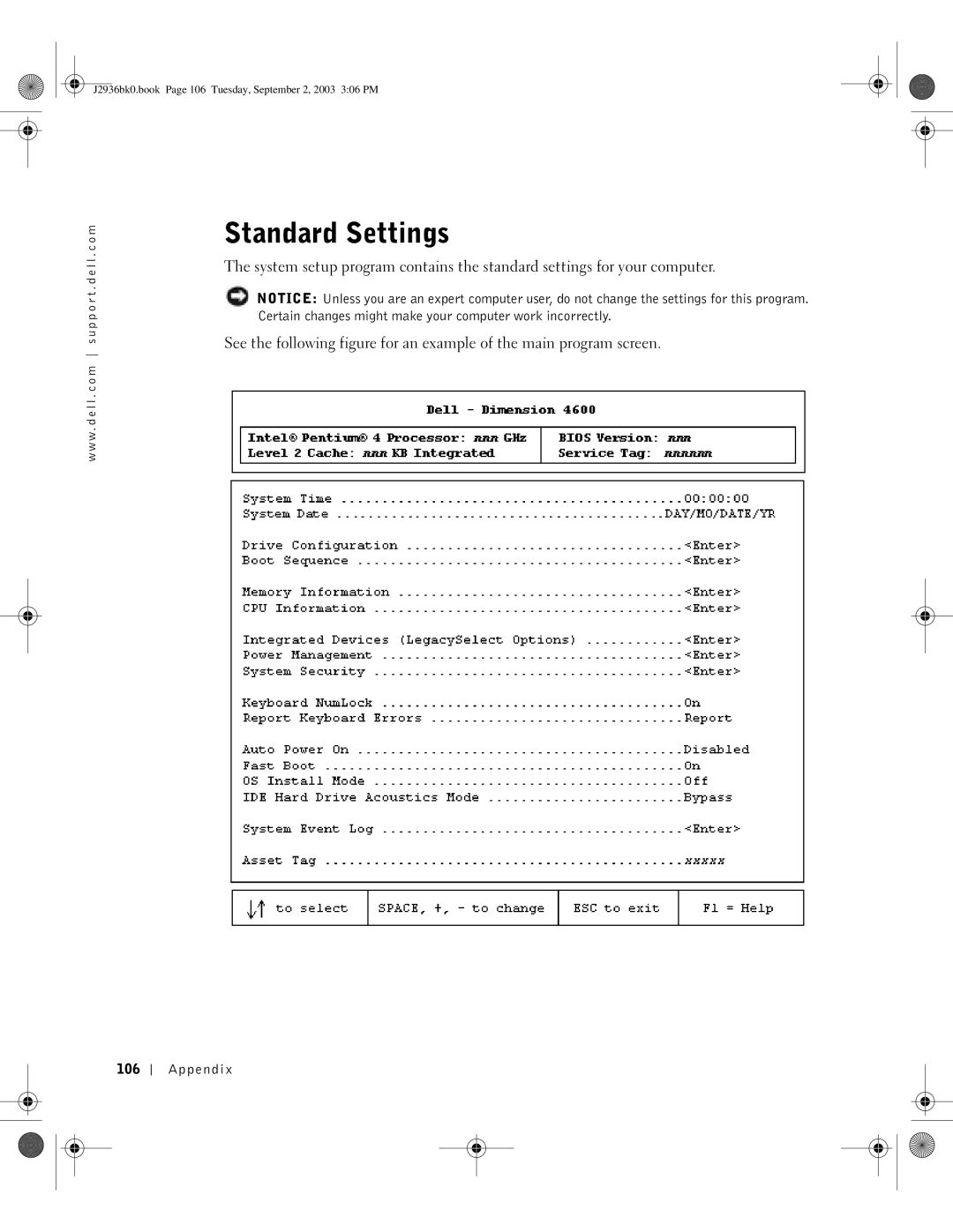 Dell J2936 manual Standard Settings, Appendix 