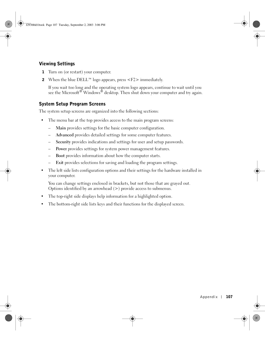 Dell J2936 manual Viewing Settings, System Setup Program Screens, Appendix 107 