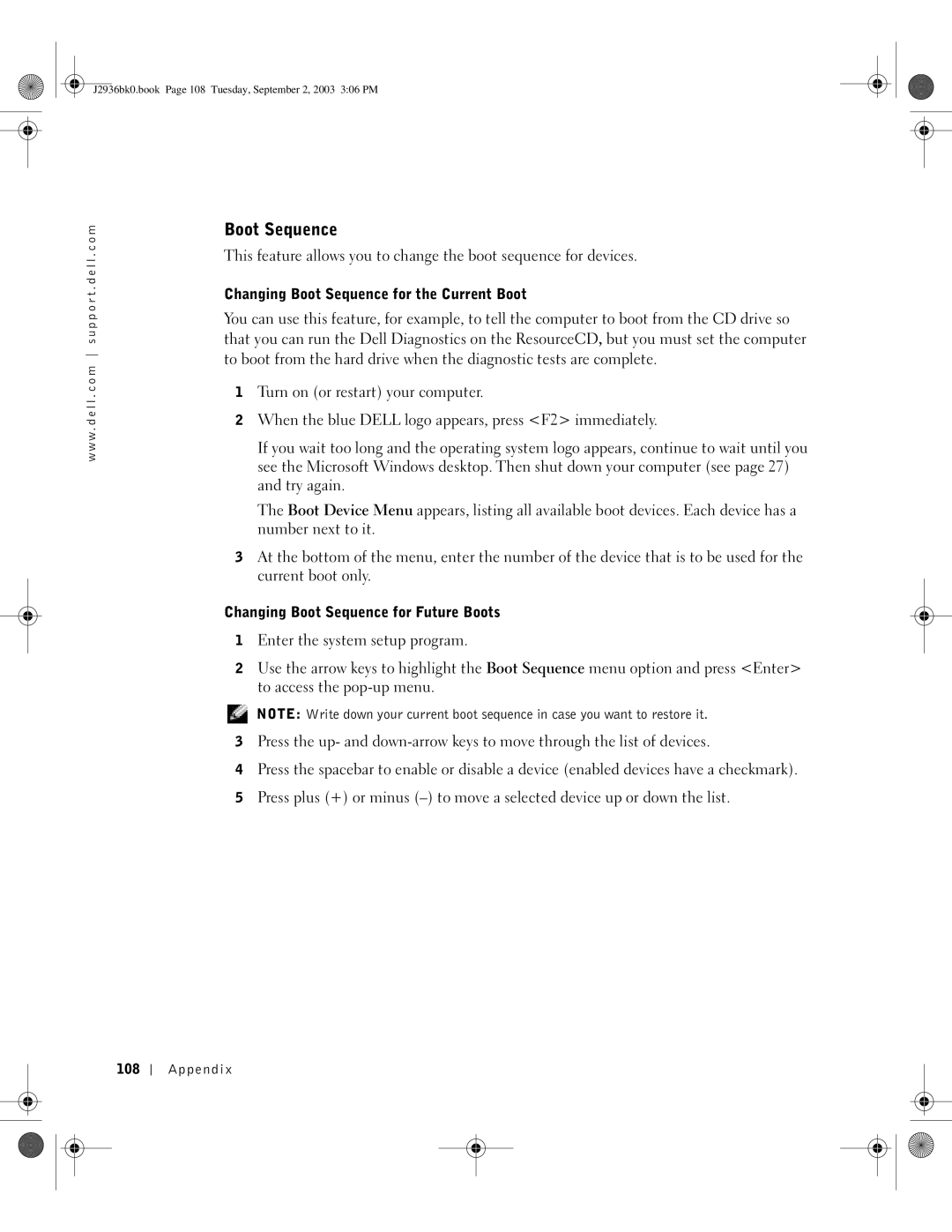 Dell J2936 manual Changing Boot Sequence for the Current Boot, Changing Boot Sequence for Future Boots, Appendix 