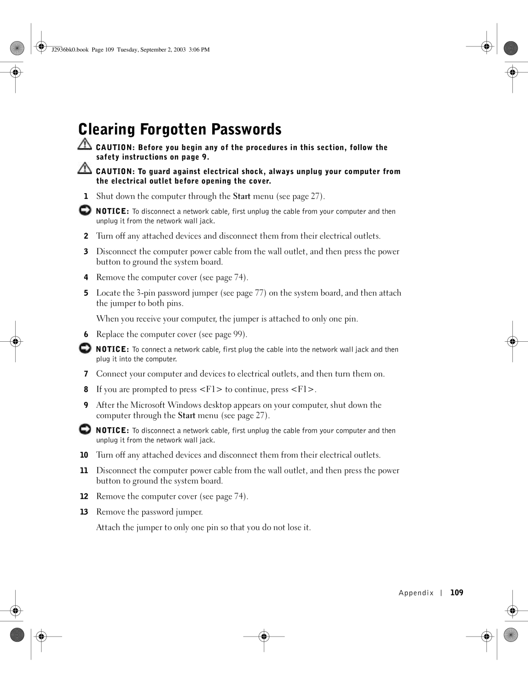 Dell J2936 manual Clearing Forgotten Passwords, Appendix 109 