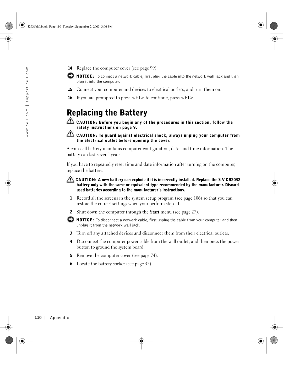 Dell J2936 manual Replacing the Battery, Appendix 