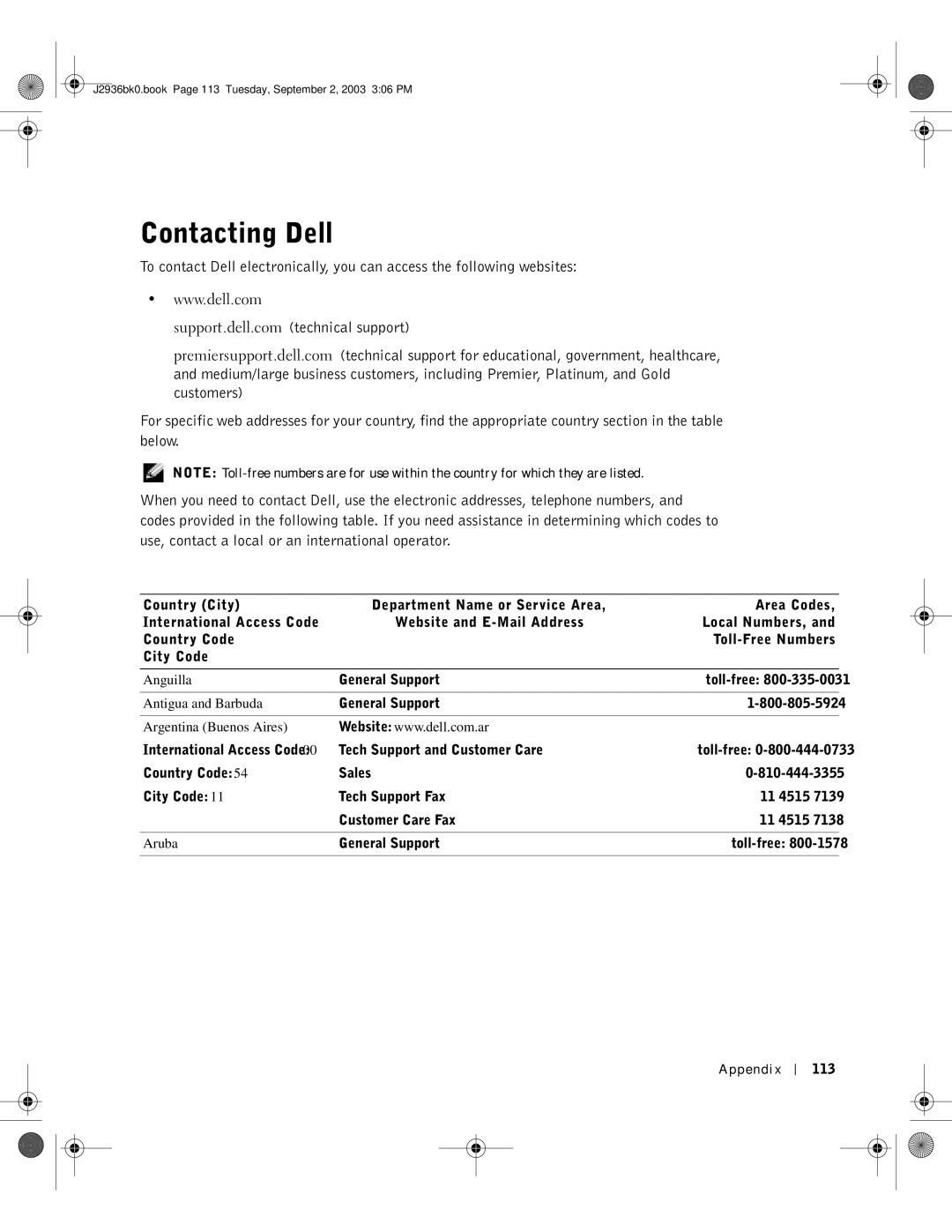 Dell J2936 manual Contacting Dell, Appendix 113 