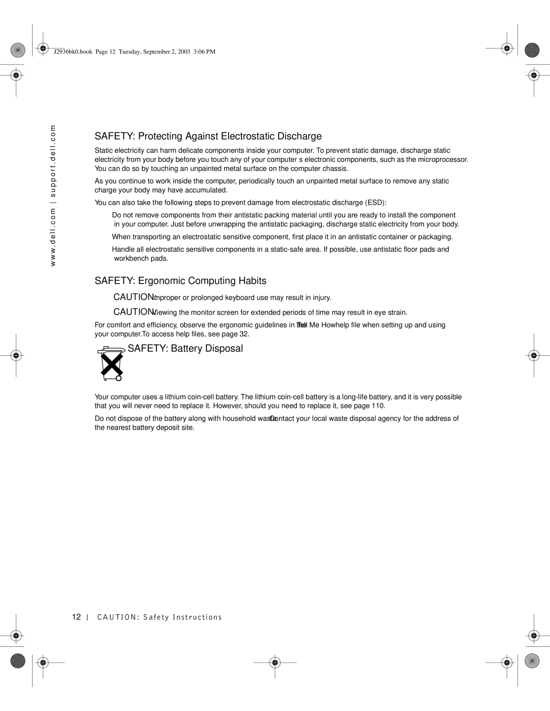 Dell J2936 Safety Protecting Against Electrostatic Discharge, Safety Ergonomic Computing Habits, Safety Battery Disposal 