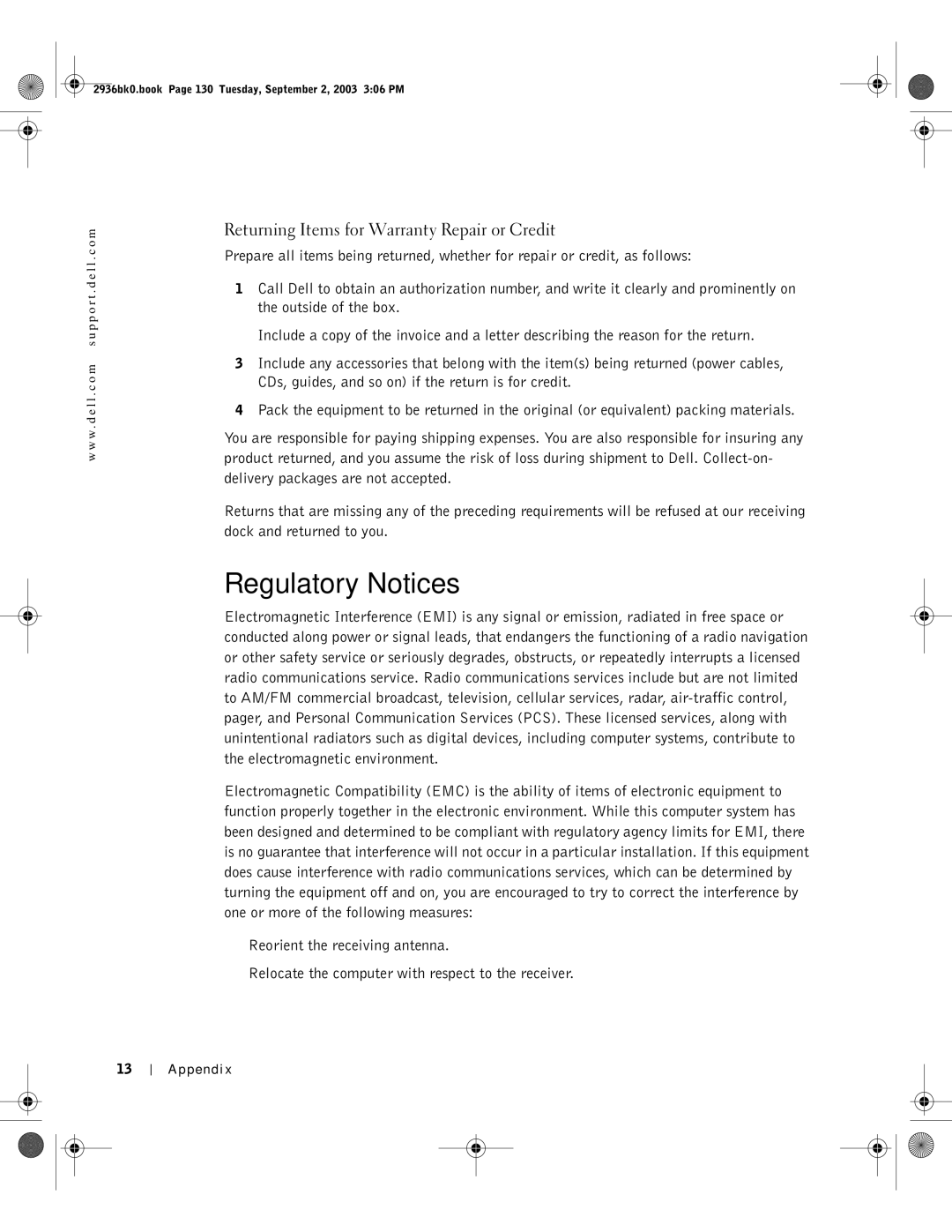 Dell J2936 manual Regulatory Notices, Returning Items for Warranty Repair or Credit, Appendix 